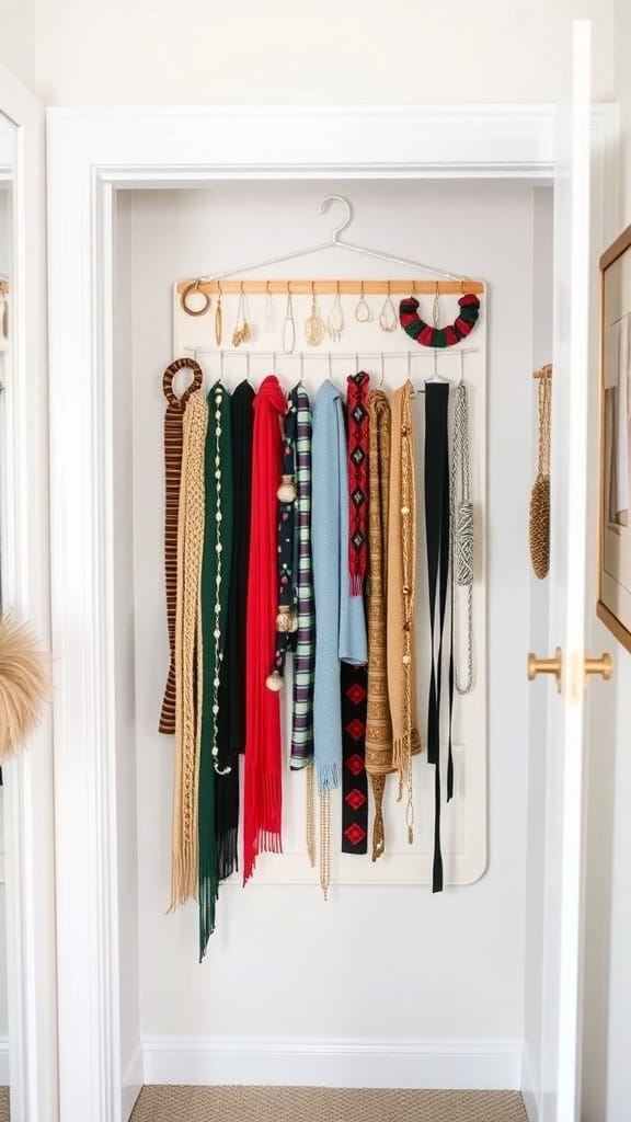22 Genius Closet Organization Hacks You Need to Try 9 A DIY hanging organizer displaying various scarves and accessories on a wall.