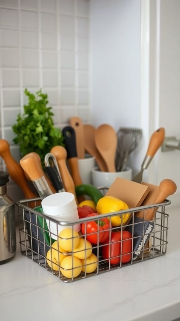 A wire basket filled with colorful vegetables and cooking utensils on a kitchen counter.