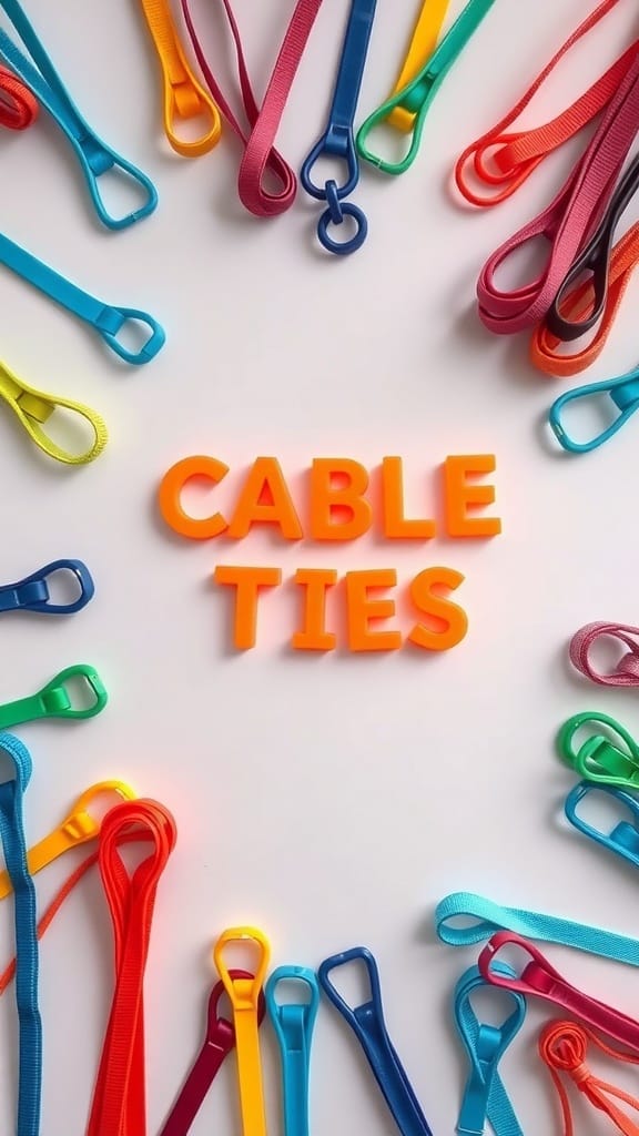19 Genius Cord and Cable Organization Hacks for a Clutter-Free Space 9 Colorful cable ties arranged around the words 'CABLE TIES'