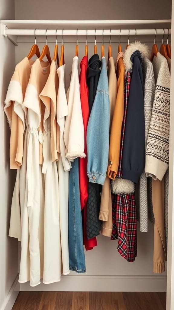 22 Genius Closet Organization Hacks You Need to Try 7 A neatly organized closet with a variety of clothing items, showcasing seasonal rotation.