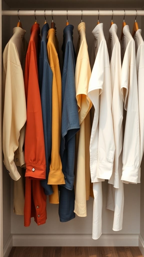 A neatly organized closet with shirts in various colors hanging on hangers.