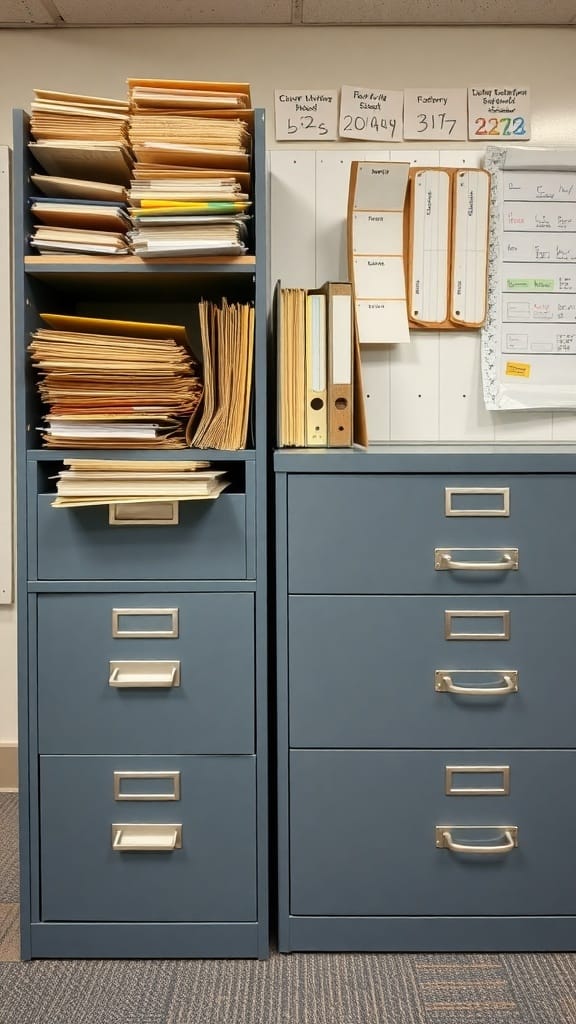 21 Creative Organization Ideas for Your School Office 3 Image of a school office filing system with a shelf of folders and a filing cabinet.