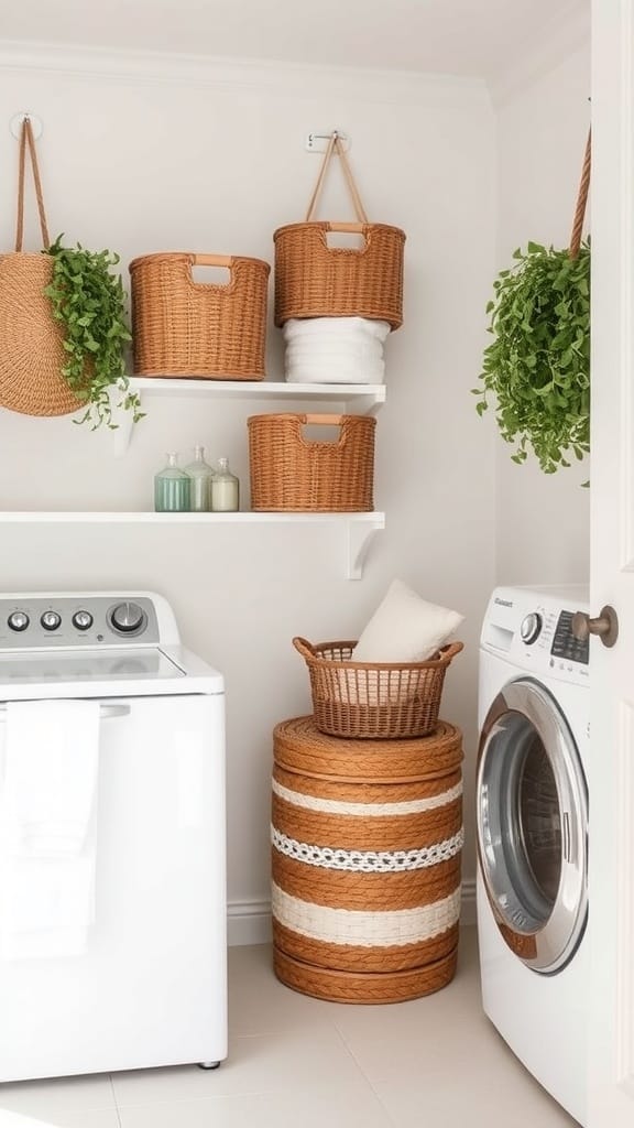 25 Creative Laundry Room Organizing Ideas to Maximize Space 27 A stylish laundry room featuring decorative baskets on shelves and a washing machine.