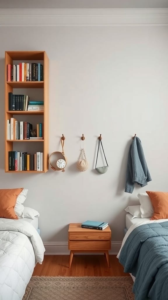 A bedroom with a tall bookshelf, hooks for hanging items, and a small nightstand.