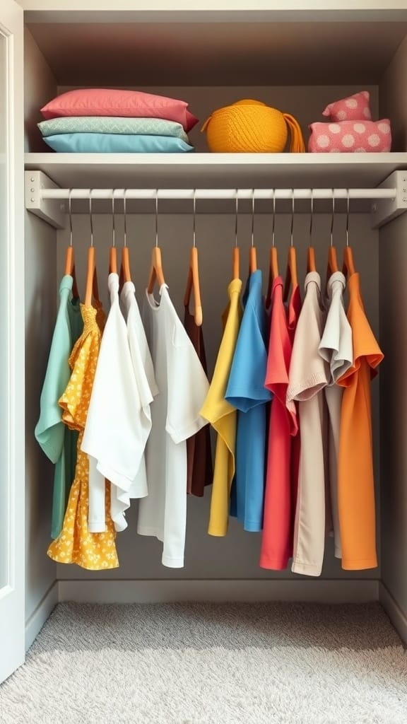 A well-organized closet with colorful kids' clothes hanging on hangers and neatly folded items on shelves.