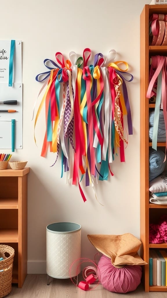Practical Ribbon Organizing Ideas for a More Organized Craft Space (21 Tips) 22 Colorful ribbons arranged as wall art in a craft space