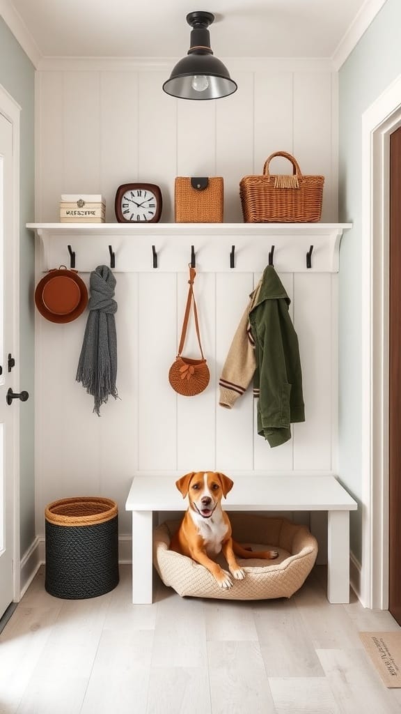 A stylish mudroom with a dog bed, hooks for coats, and storage baskets.
