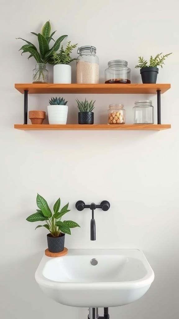 Floating wooden shelves with plants and jars above a white sink in a bathroom