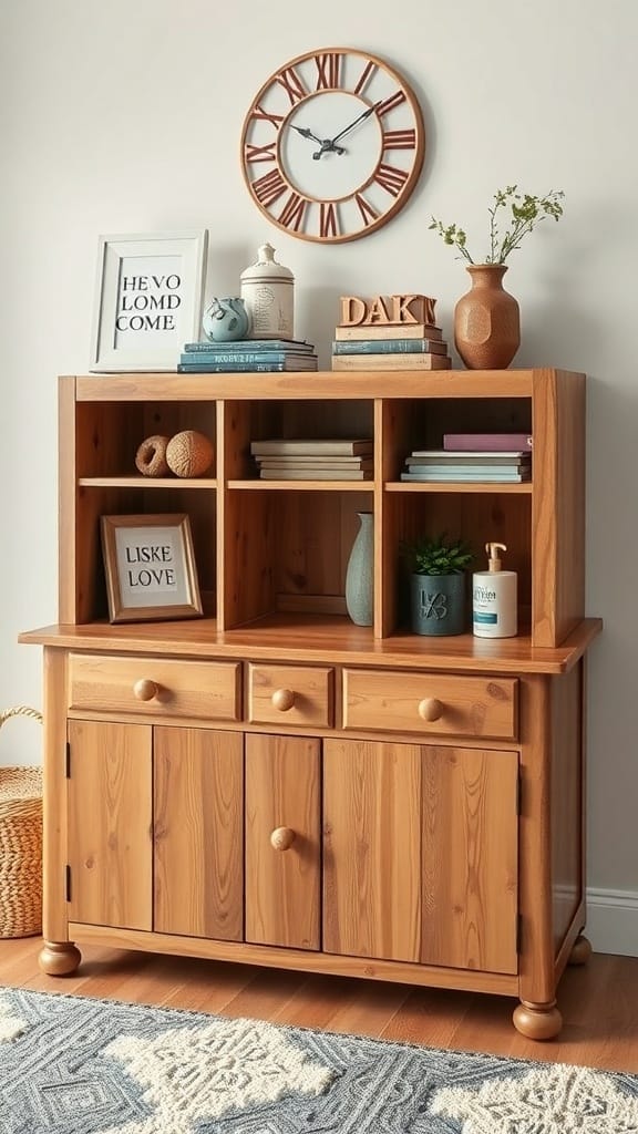 A wooden IKEA furniture unit with open shelves displaying books, decorative items, and a clock on the wall.