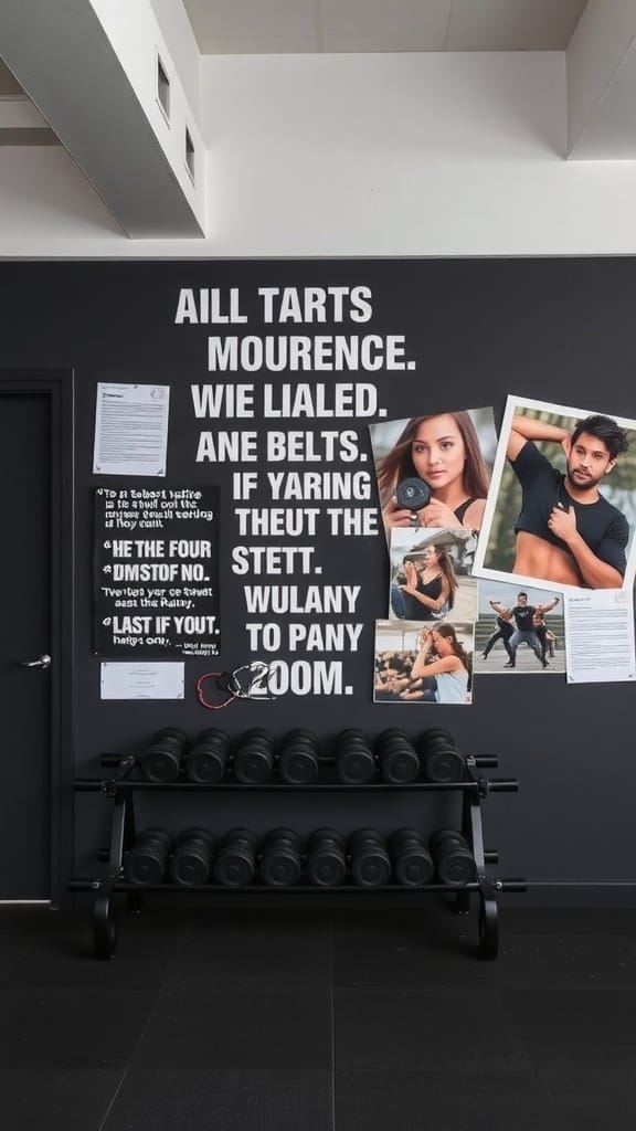 A gym wall decorated with motivational quotes and photos of individuals showcasing their fitness achievements.