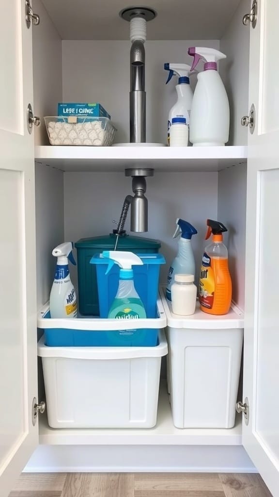 Organized under-sink bathroom storage with cleaning supplies and bins
