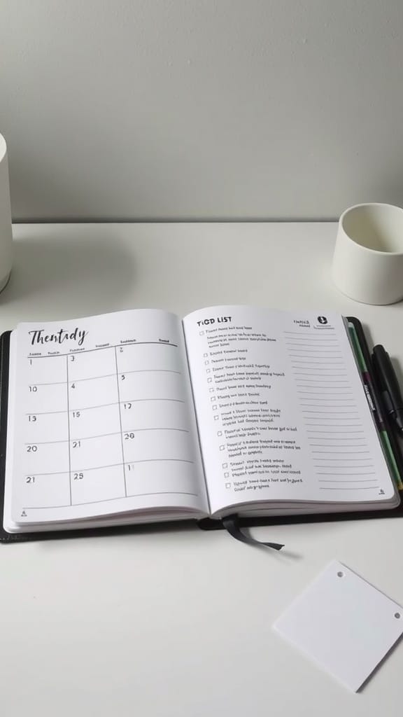 An open planner showing a monthly calendar and a to-do list on a desk.