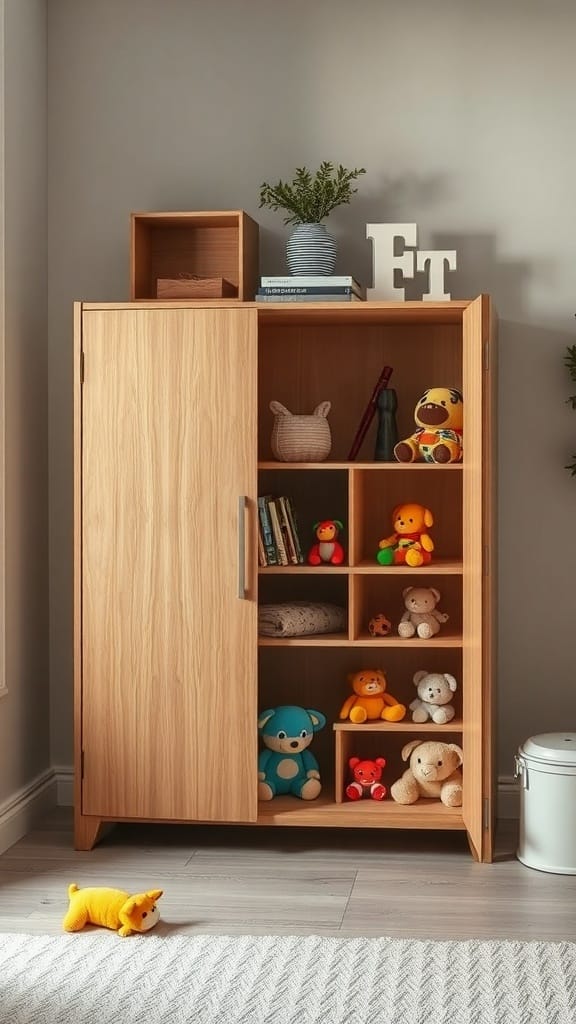21 Creative Toy Storage Ideas for a Clutter-Free Playroom 16 A wooden cabinet with sliding doors, filled with colorful toys and a plant on top.