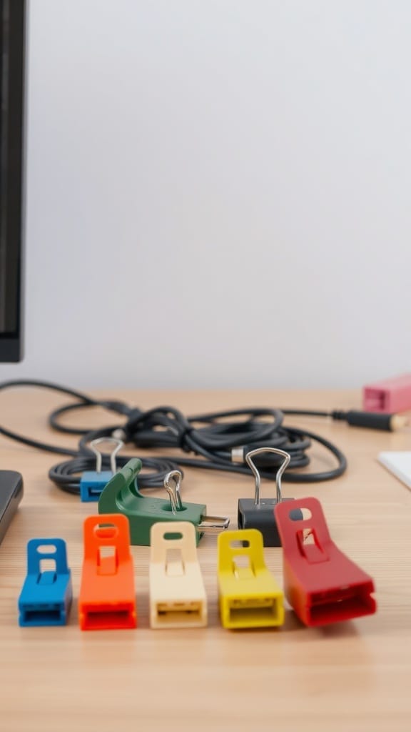 19 Genius Cord and Cable Organization Hacks for a Clutter-Free Space 6 Colorful binder clips used for organizing cables on a desk