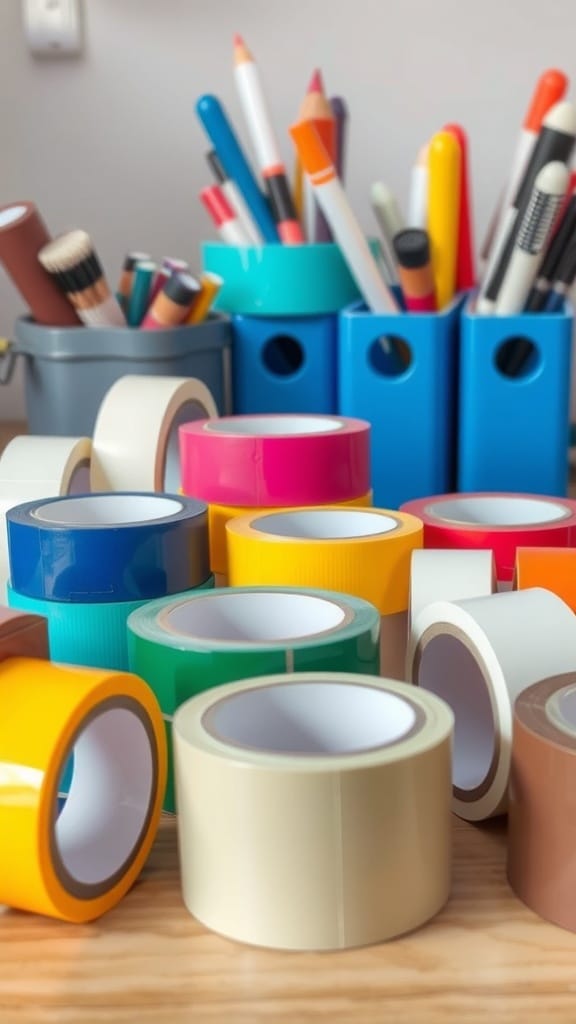 A collection of colorful tape rolls and office supplies in containers.