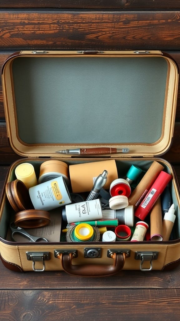 A vintage suitcase filled with various crafting supplies, showcasing creative storage ideas.