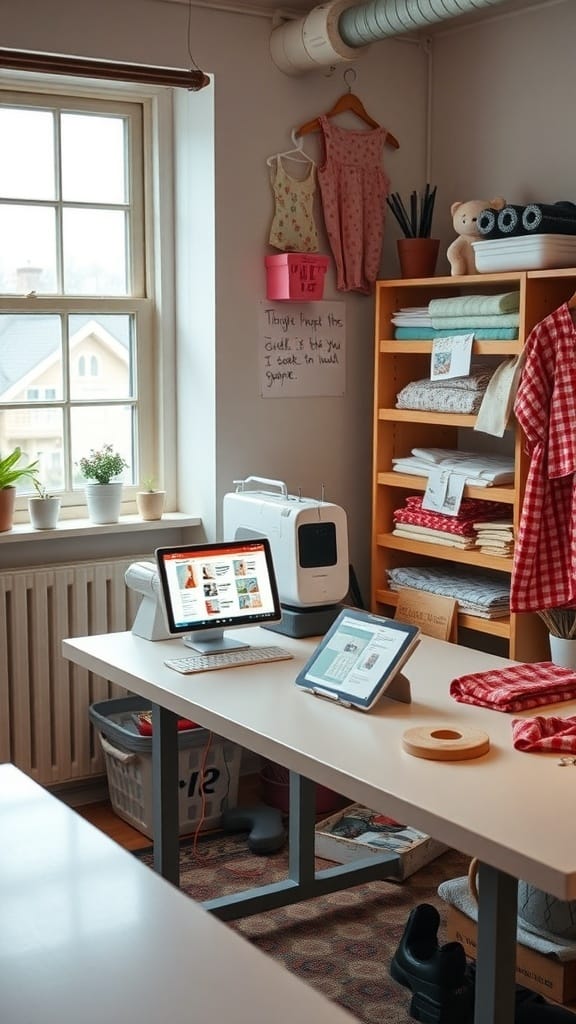 A bright sewing room with a table featuring a computer and tablet, surrounded by neatly organized fabrics and sewing supplies.