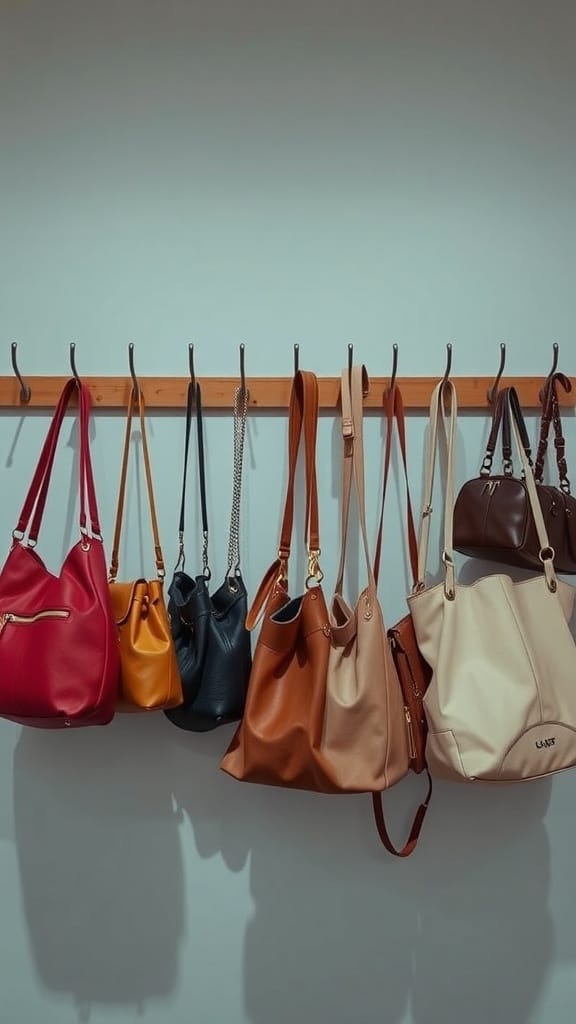 A row of colorful bags hanging on a wooden hook against a light blue wall.