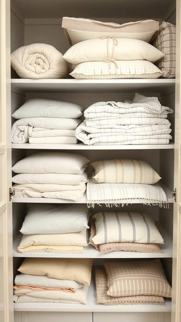 21 Brilliant Linen Closet Organizing Ideas for a Clutter-Free Home 7 Neatly organized linen closet with folded sheets and blankets in soft colors.