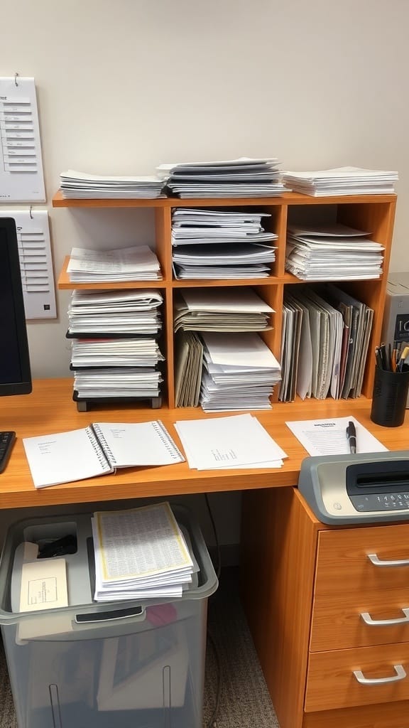 21 Genius Clutter Busting Hacks to Organize Your Home 8 A cluttered desk with stacks of papers and notebooks, illustrating the need for a paper management system.