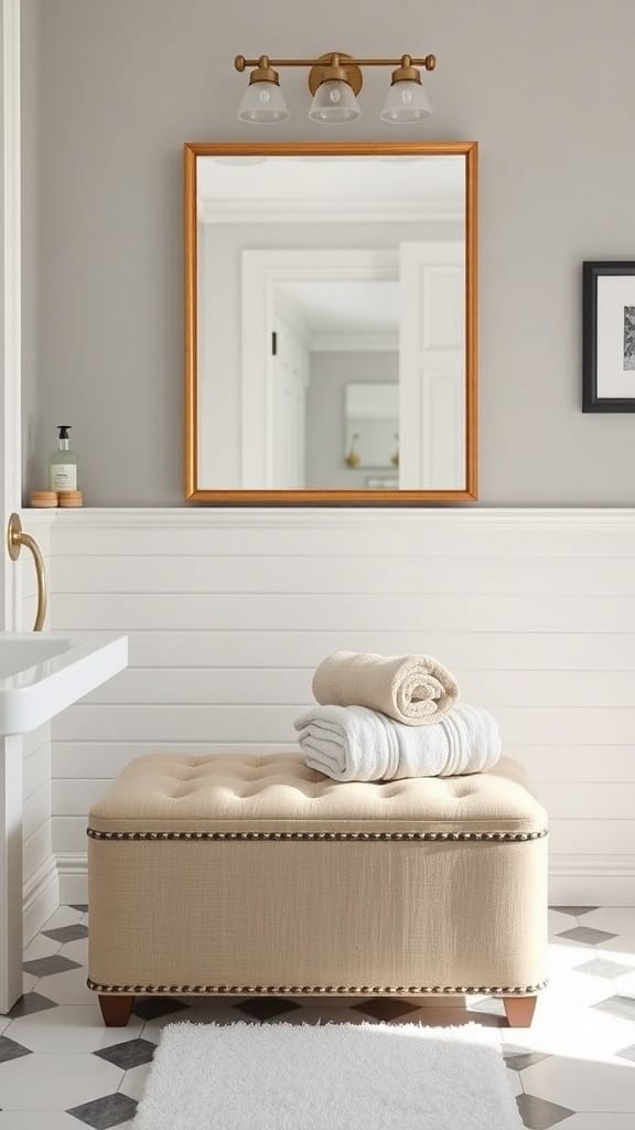 A stylish storage ottoman in a modern bathroom, topped with neatly rolled towels.