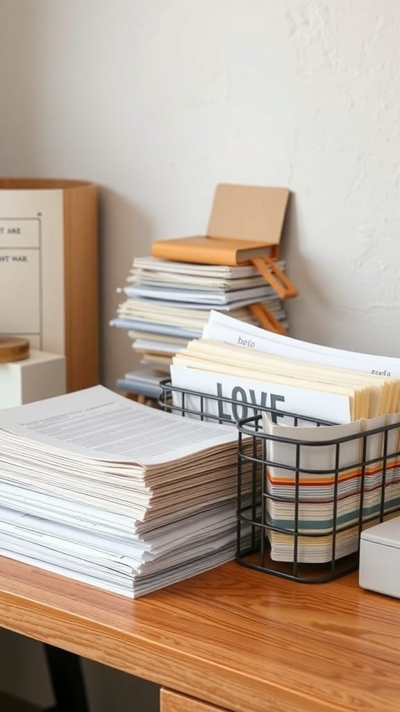 23 Clever and Affordable Organizing on a Budget Tips for a Tidy Home 13 A workspace with neatly stacked papers and a wire basket holding organized documents.