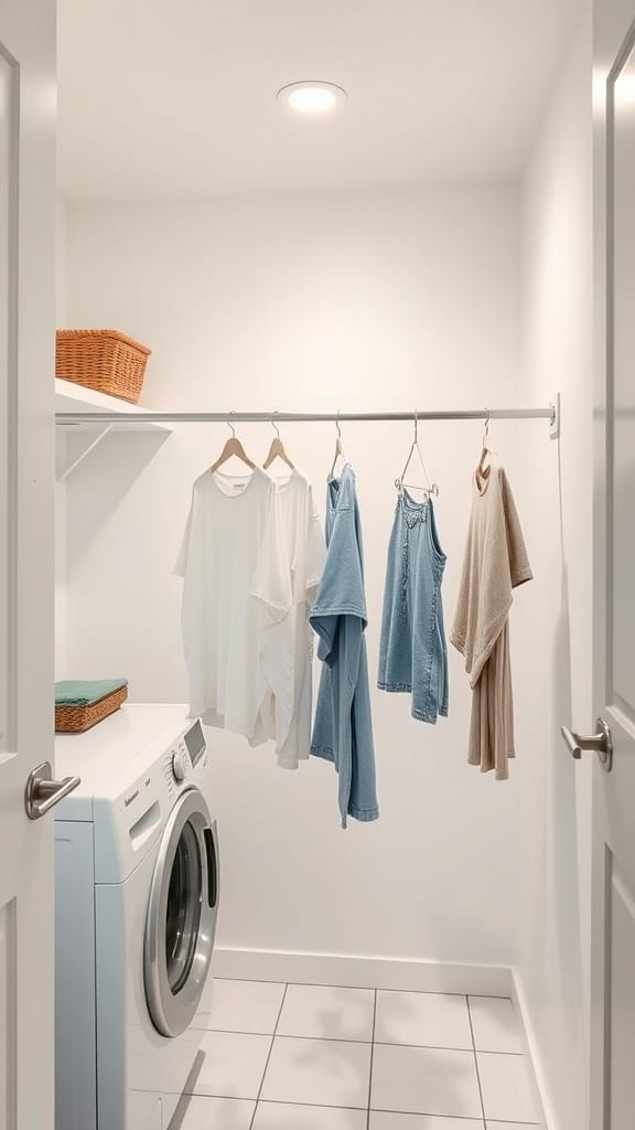 A small laundry room with a hanging rod displaying air-drying clothes.