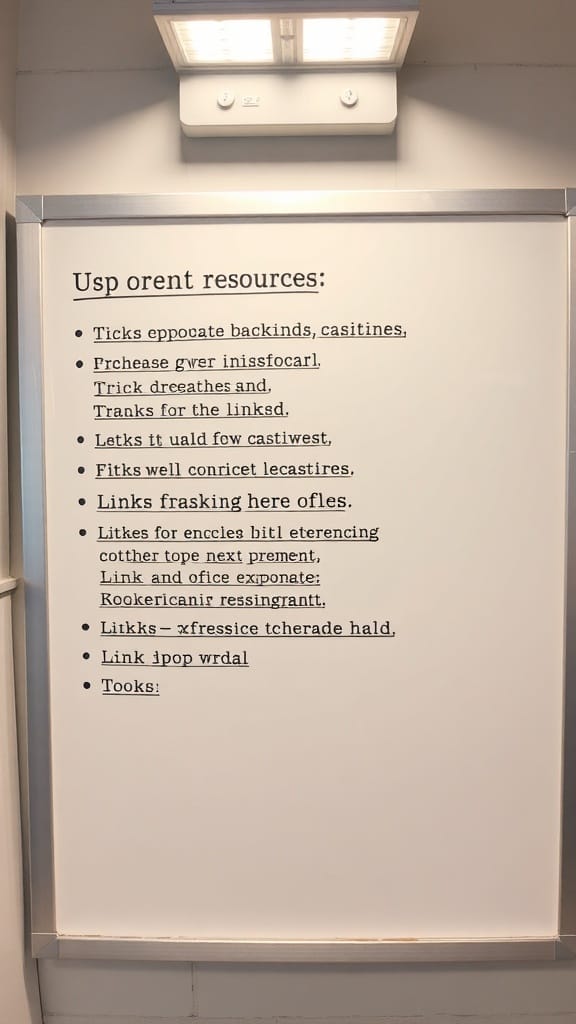 A whiteboard displaying various resources and links, organized for easy reference.