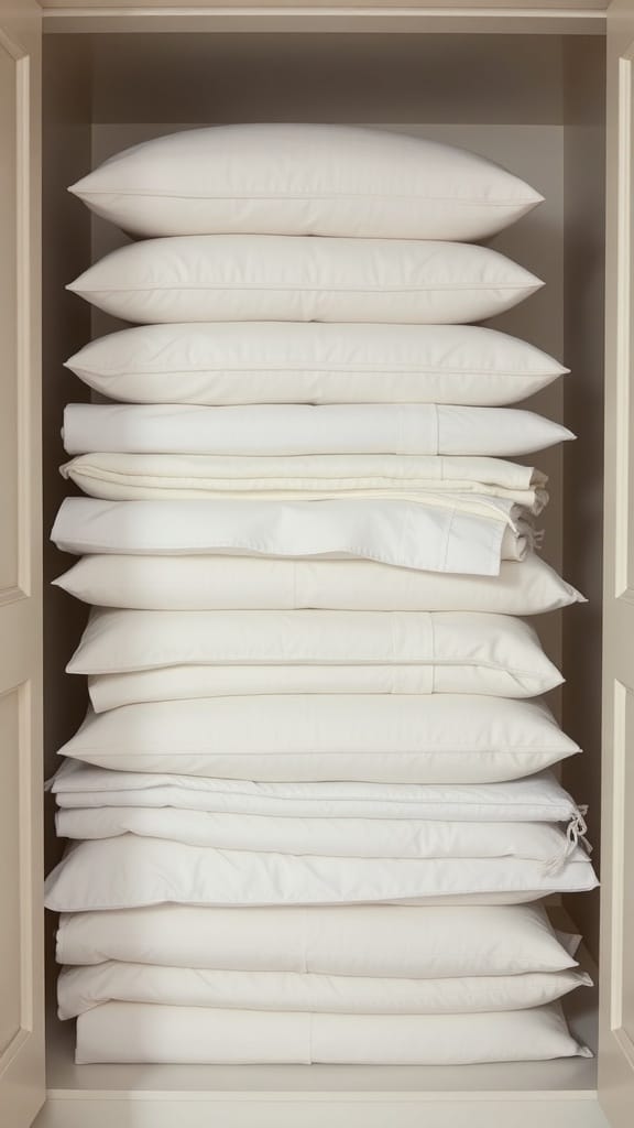 21 Brilliant Linen Closet Organizing Ideas for a Clutter-Free Home 17 Neatly stacked white pillows and linens in a closet