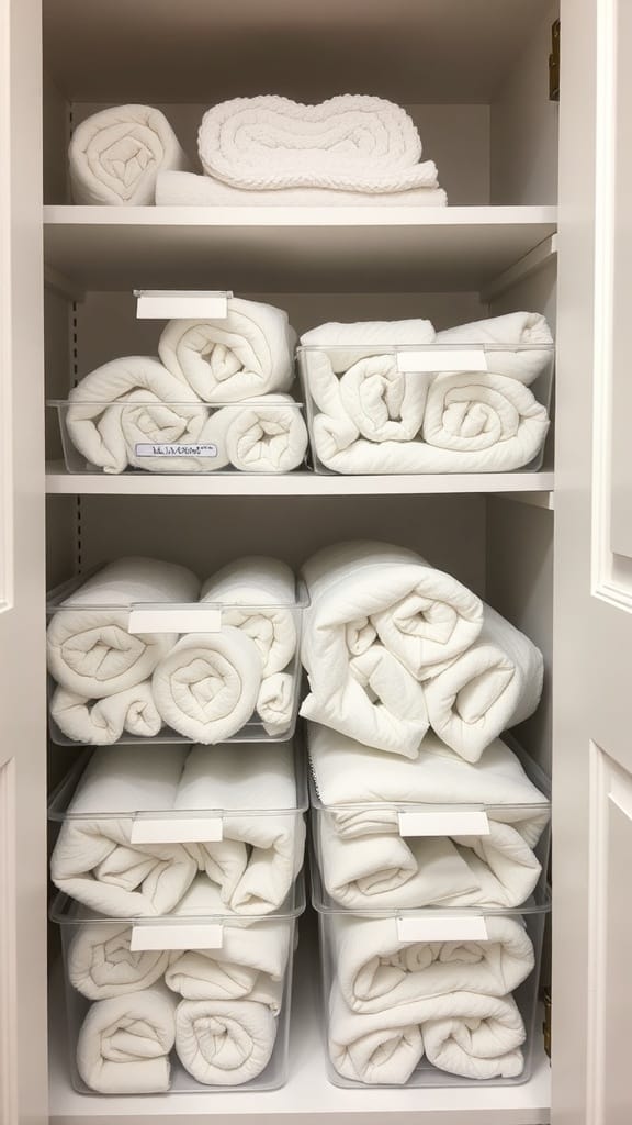 21 Brilliant Linen Closet Organizing Ideas for a Clutter-Free Home 9 Organized linen closet with clear storage bins holding neatly rolled towels.