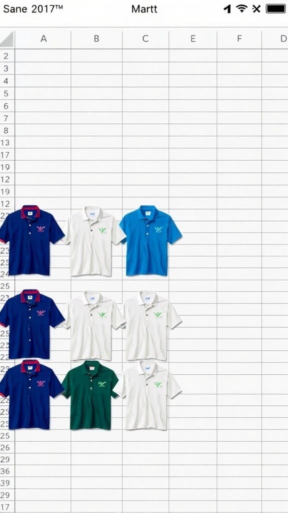 A grid layout displaying various polo shirts in different colors on a spreadsheet.