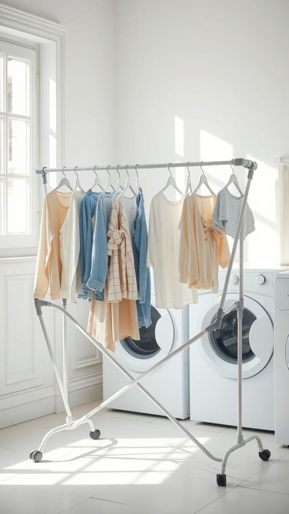 25 Creative Laundry Room Organizing Ideas to Maximize Space 17 A drying rack with various clothes hanging in a bright laundry room.