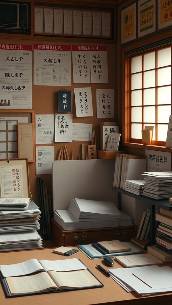 22 Creative Japanese Home Organization Ideas for a Clutter-Free Space 23 A neatly organized workspace with papers, books, and notes on the walls in a Japanese style.