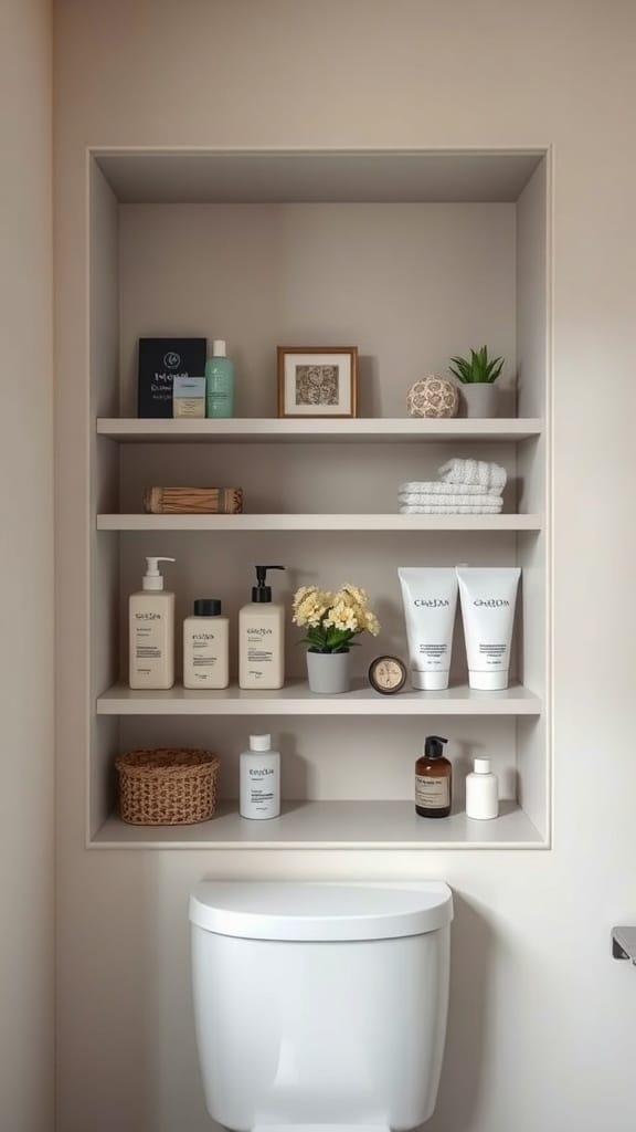 A built-in nook above a toilet with neatly arranged bathroom products and decor.