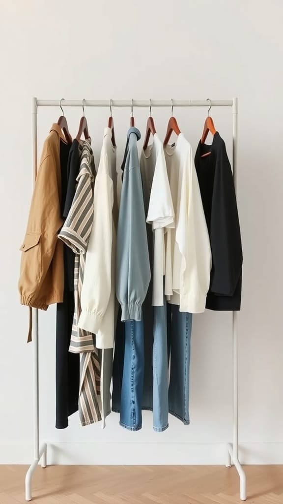 A clothing rack displaying a selection of stylish tops and jeans, representing a capsule wardrobe.