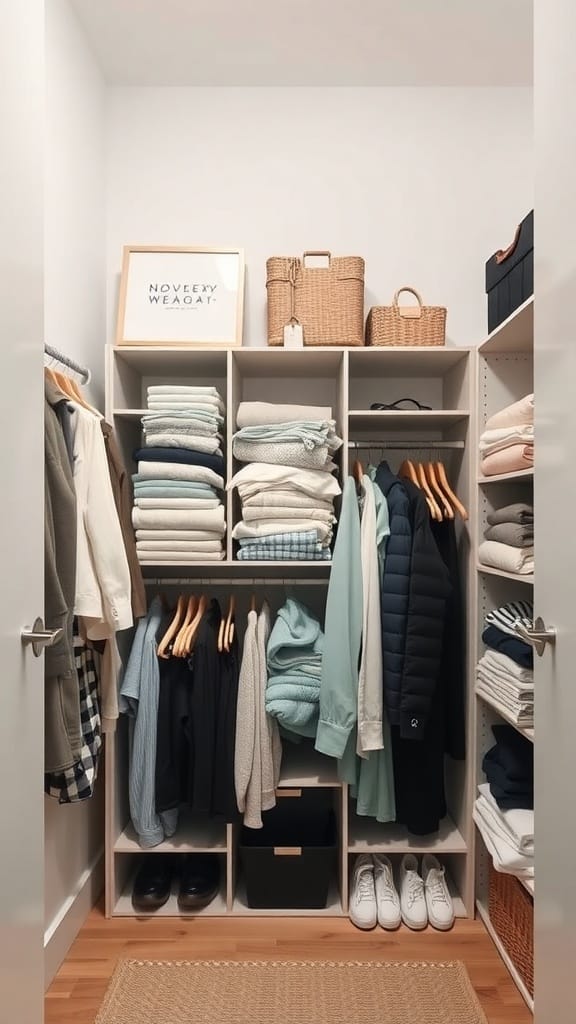 A neatly organized closet with folded clothes, hanging garments, and storage baskets.
