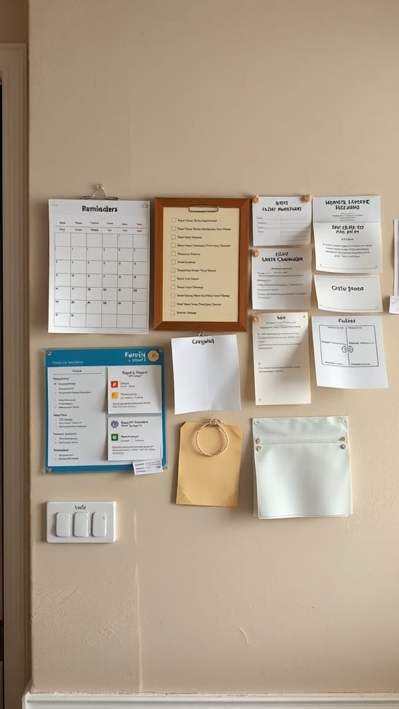 A family command center wall with a calendar, reminders, and organized notes.