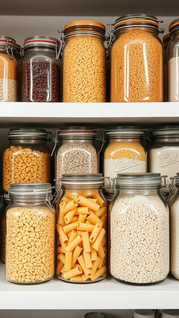 Dollar Store Organization Hacks That Actually Work: 23 Smart Storage Ideas 12 A collection of clear jars filled with various dry goods, neatly arranged on a shelf.