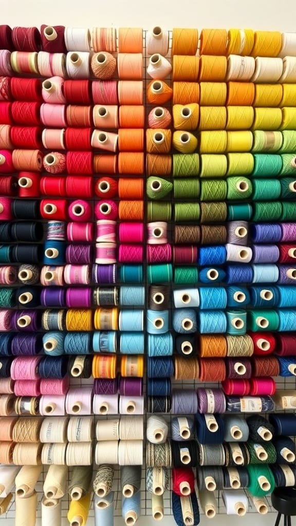 A colorful display of thread spools organized by color, showcasing various shades and textures.