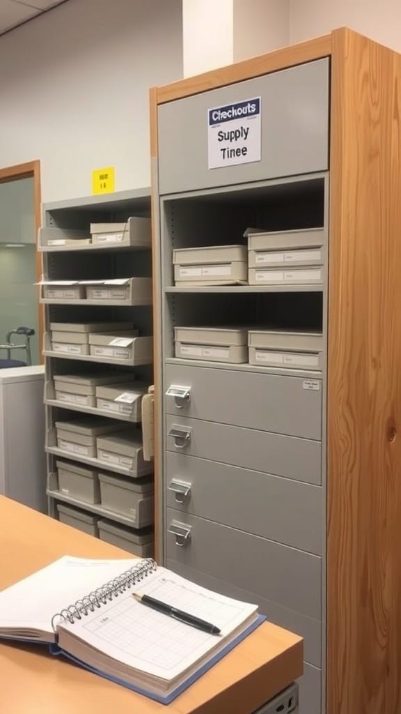A supply checkout system with labeled shelves and a notebook for tracking supplies.