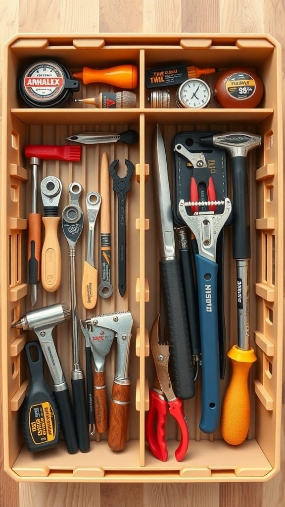 A neatly organized caddy with various tools separated by dividers.