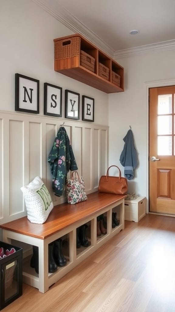 A well-organized mudroom featuring a bench with storage cubbies, wall hooks, and decorative baskets.