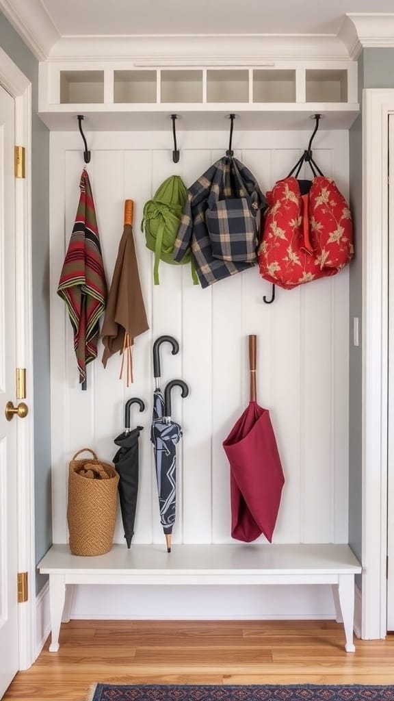 A mudroom with hooks for umbrellas and bags, showcasing an organized space