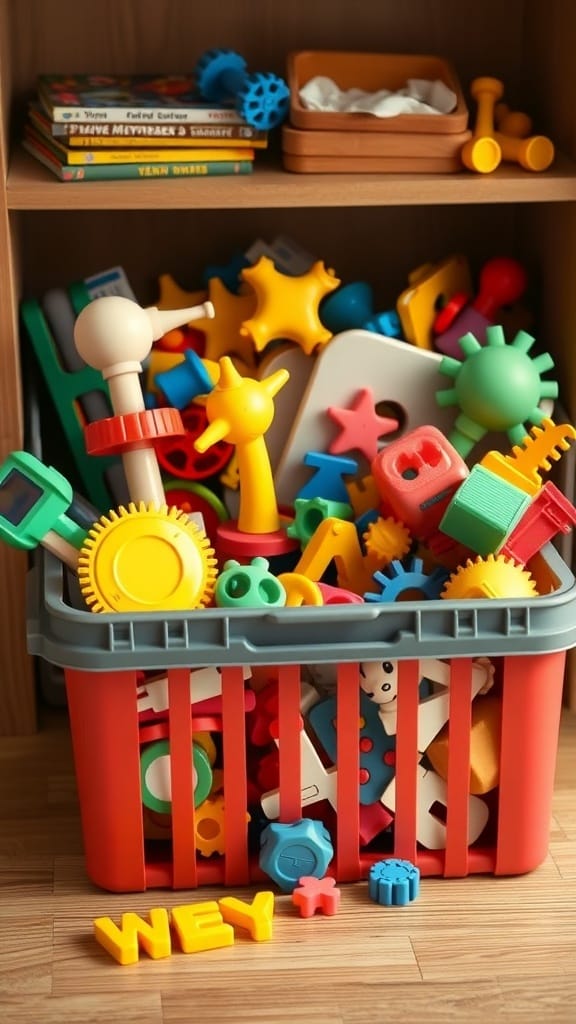 A colorful caddy filled with various kids' toys, including gears and building blocks, showcasing an organized play area.
