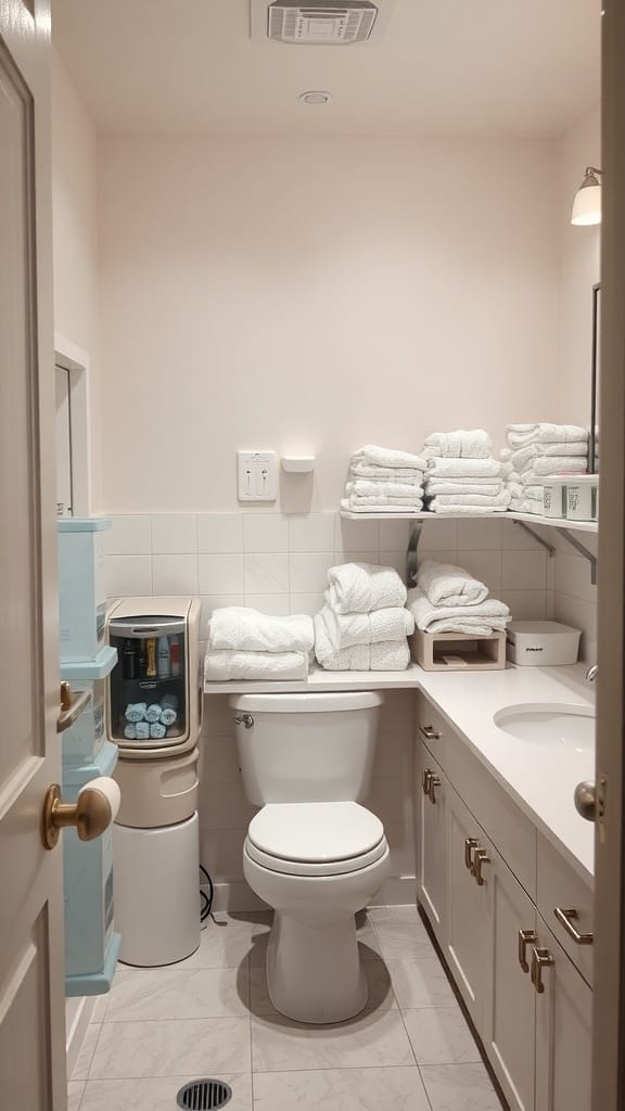 A well-organized bathroom with neatly stacked towels and a storage unit beside the toilet.