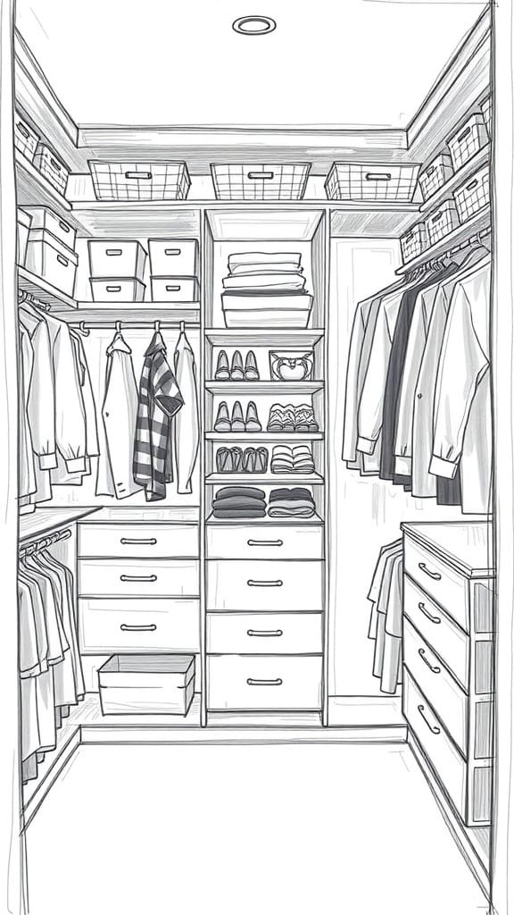 A neatly organized closet with clothes, shoes, and storage boxes.
