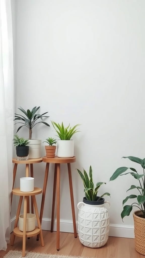A cozy corner with plants on wooden stands, creating a serene atmosphere.