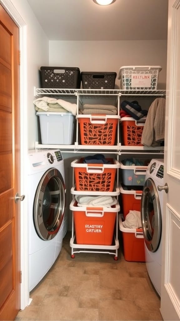 25 Creative Laundry Room Organizing Ideas to Maximize Space 10 Organized laundry room with seasonal storage bins and shelves.