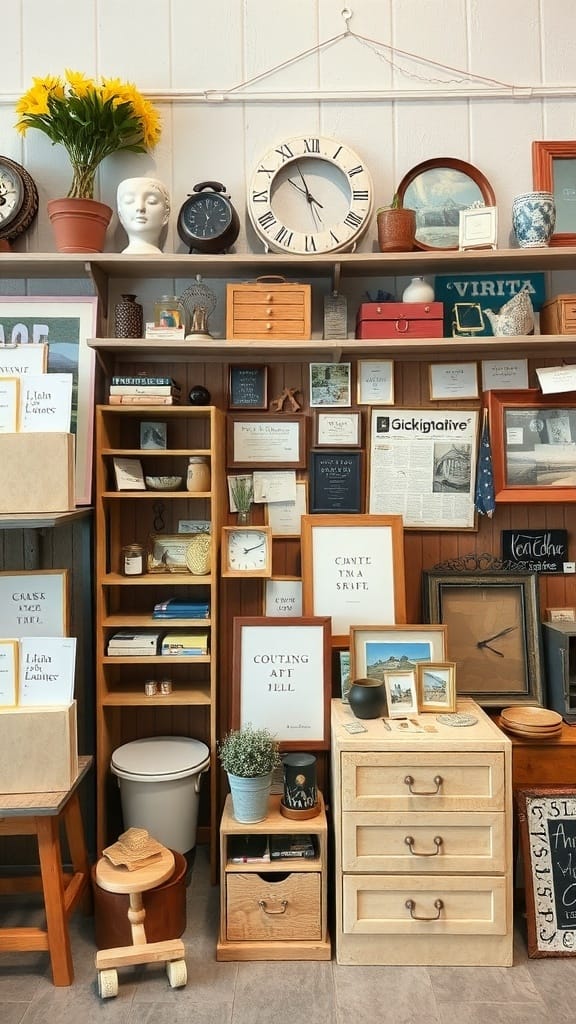 23 Clever and Affordable Organizing on a Budget Tips for a Tidy Home 9 A display of various organizing items at a thrift store, including shelves, boxes, clocks, and decorative plants.