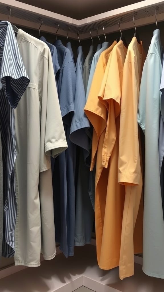 A neatly organized closet with various shirts hanging on hangers.